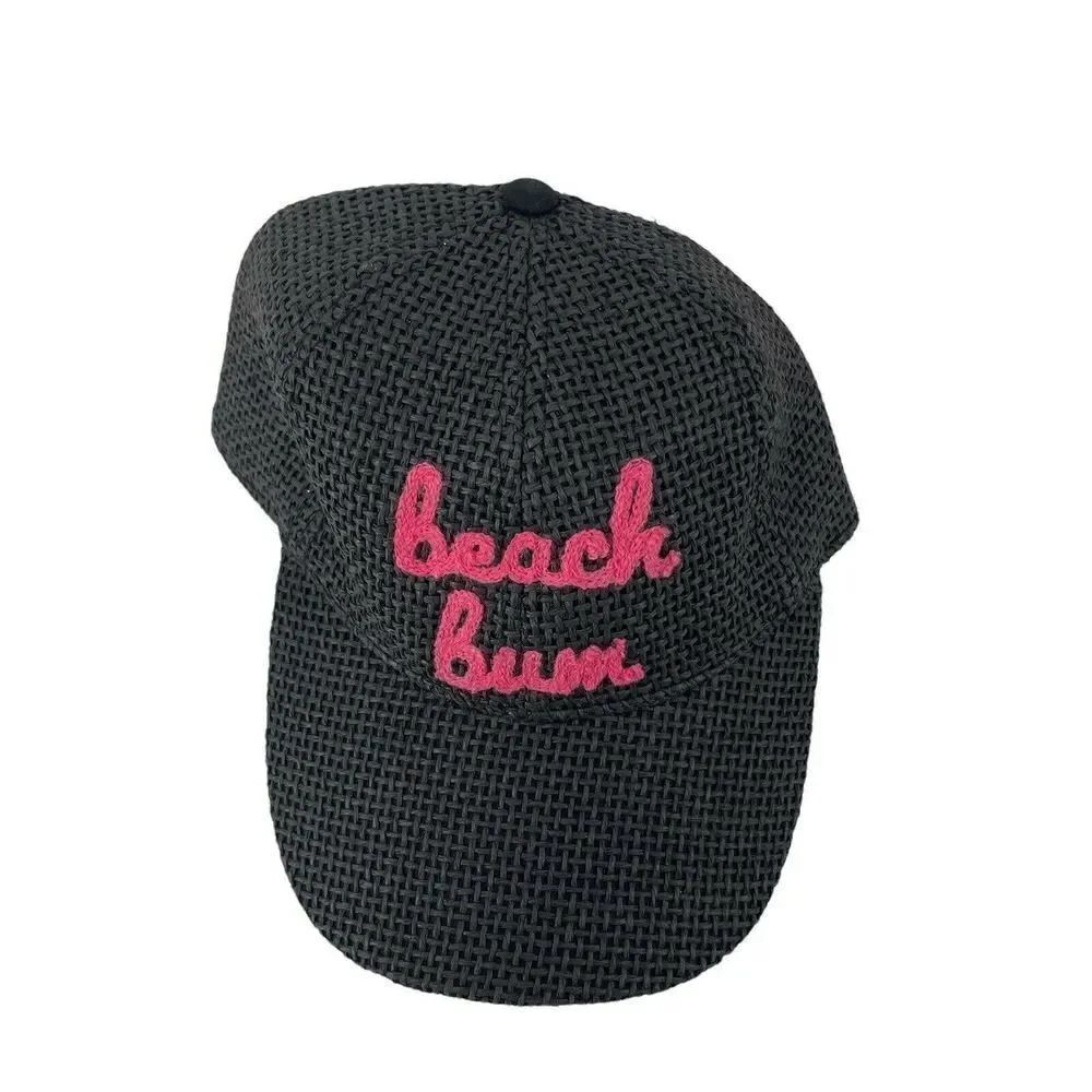 Beach Bum Hat Black Woven Baseball Cap Pink Embroidery Womens OS Strap Back NEW